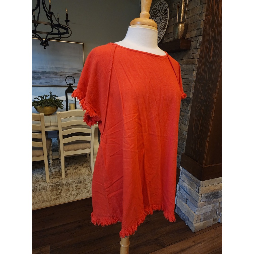 Umgee Boutique Womens Linen Blend Frayed Fringe Tunic Top Red Orange Large